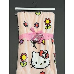 Hello Kitty Throw Blanket Spring Easter Flowers Pink Plush Fleece 50” X 70” PINK